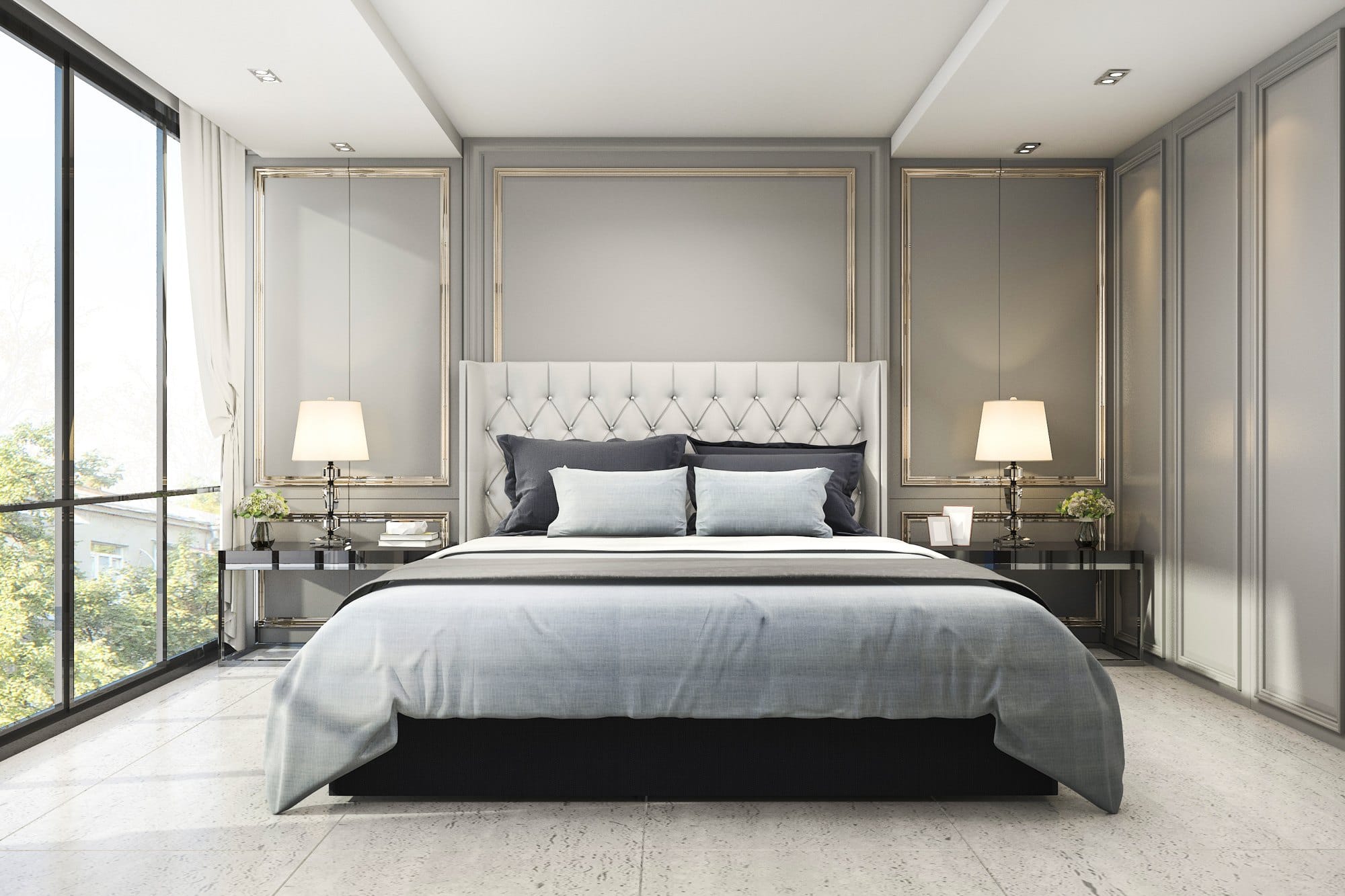 Elegant Bedroom Interior with Large Window and Bed