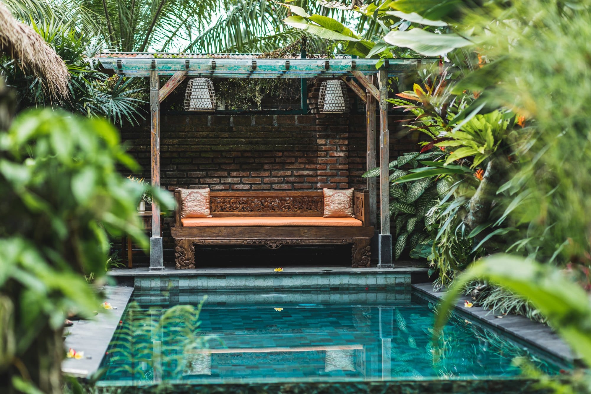 Small private swimming pool in Bali house. Green tropical plants around, wooden sofa