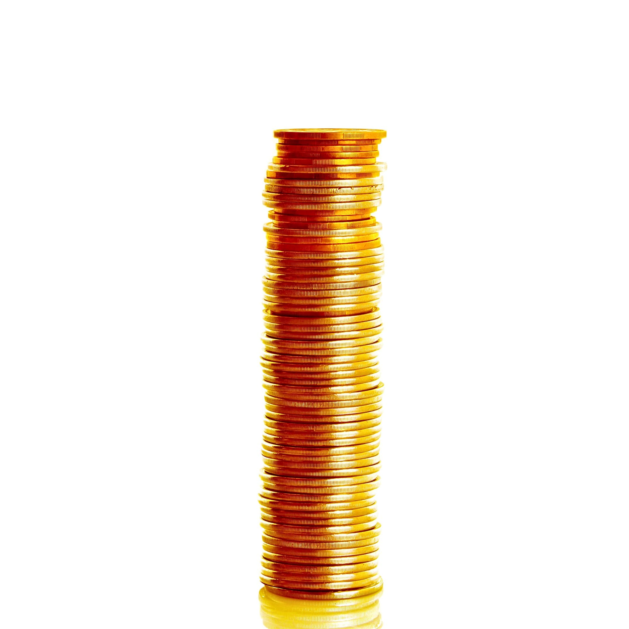 Stack of Shiny Gold Coins on White Background
