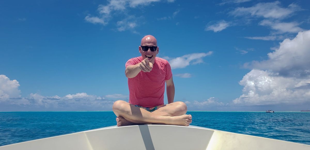 Ohad Sternberg on a boat somewhere in Bora Bora