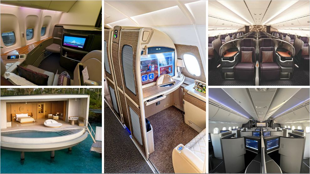 Qatar Airlines First, Singapore Airlines Business Class, Emirates First Class, British Airways Business Class, Ritz Carlton 