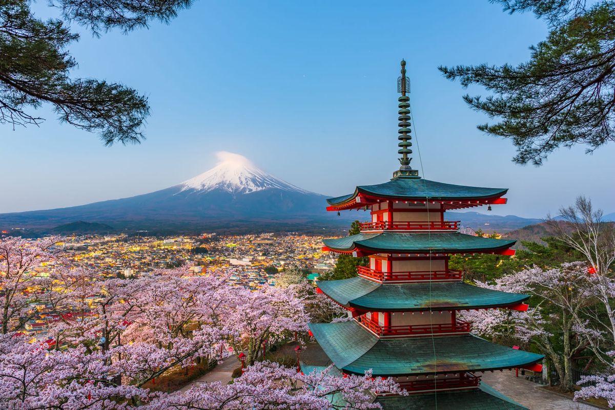 Fujiyoshida, Japan at Chureito Pagoda and Mt. Fuji in the Spring