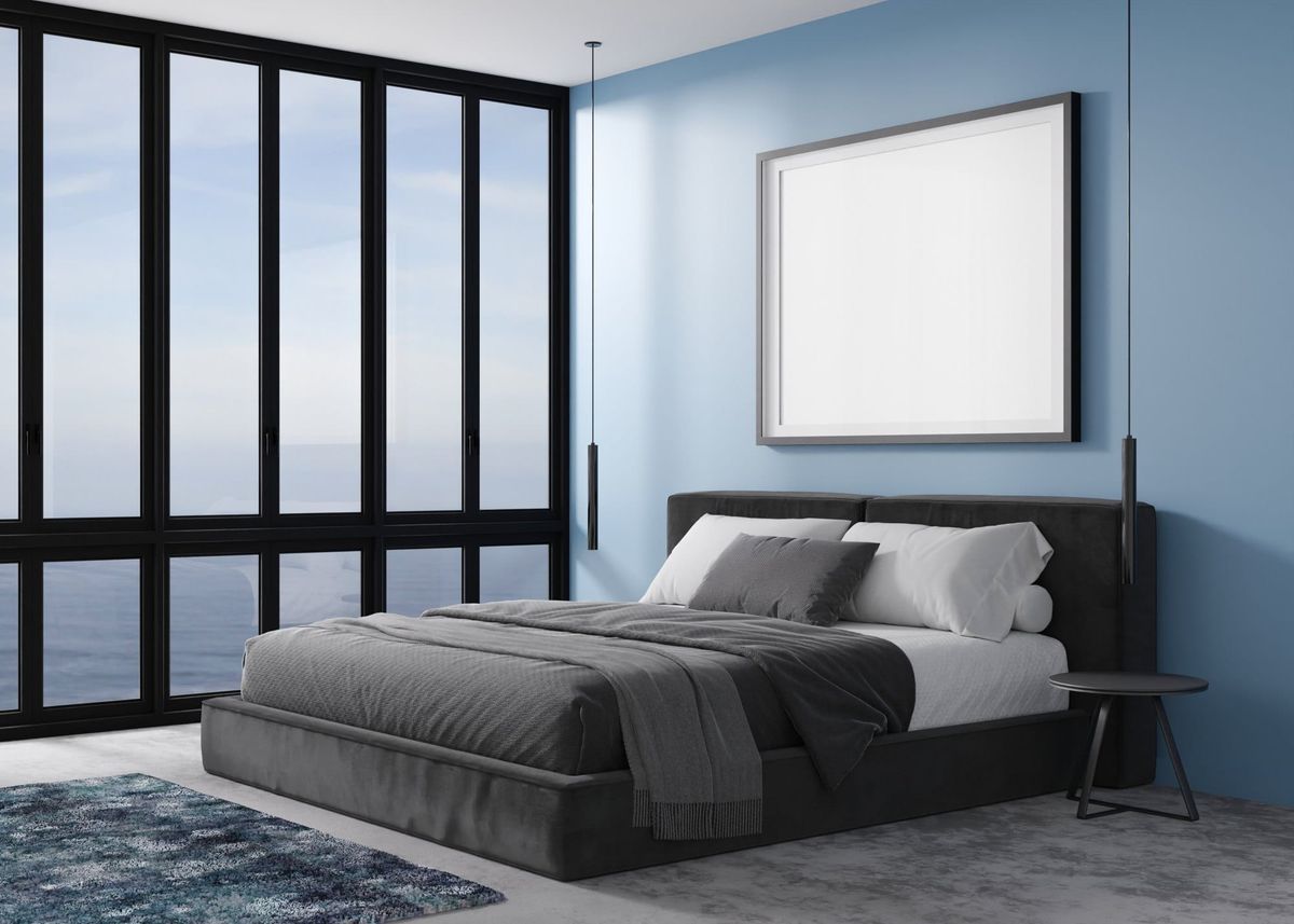 Modern Bedroom Interior with Ocean View and Artwork