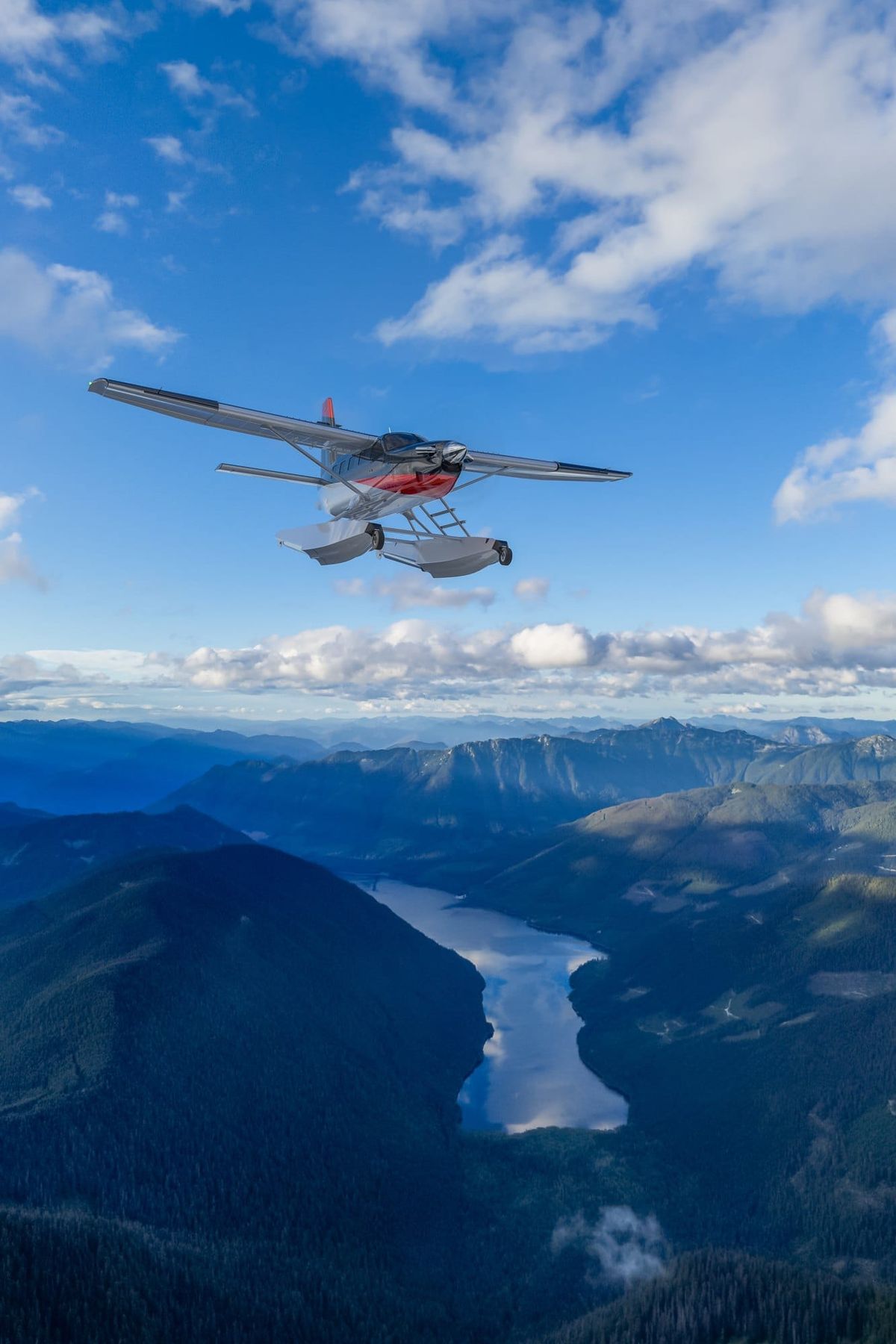 Floatplane Over Mountain Lake In BC Canada | Seaplane Flying Above Rugged Wilderness 3D Rendering