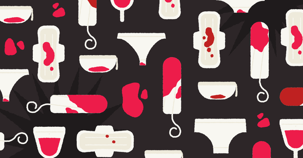 Dark grey background and lots of tampons, pads, undies, menstrual cups and menstrual discs, most with splashes of red on them as though bloody, with pools/dribbles of blood interspersed.
