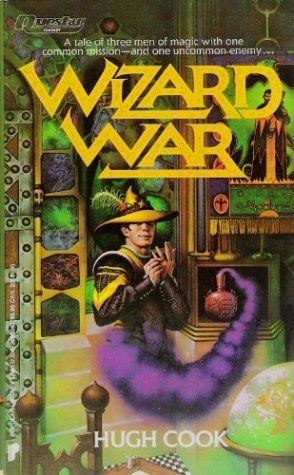 Book cover for 'Wizard War' by Hugh Cook. Cover art depicts a wizard emerging from a puff of purple smoke that is coming out of a glass bottle on a mantelpiece. The artwork is extremely goofy, looking more like a kid's book than a violent adult novel. It is quite accurate to the novel's contents, though.