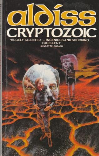 book cover depicting two people in, I guess, futuristic space suits, standing on a plain of boiling lava and superheated rocks. The man and the woman both have transparent images of their own faces projected over them, huge and ghostly. Inside the man's giant ghostly face you can just make out a stegosaurus! I honestly didn't notice that until just now.