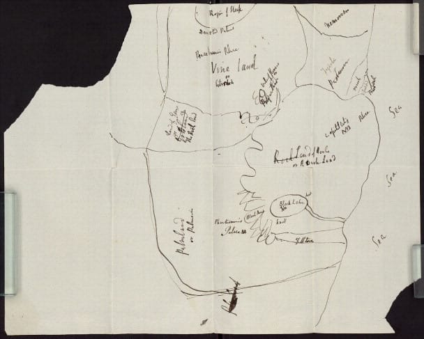 A very hastily jotted map on a piece of scrap paper. Of the many labels, only a few are legible: Vine land, Black lake, Palmland, sea.