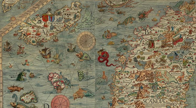 an old map of the North Sea depicting both real and fictional islands