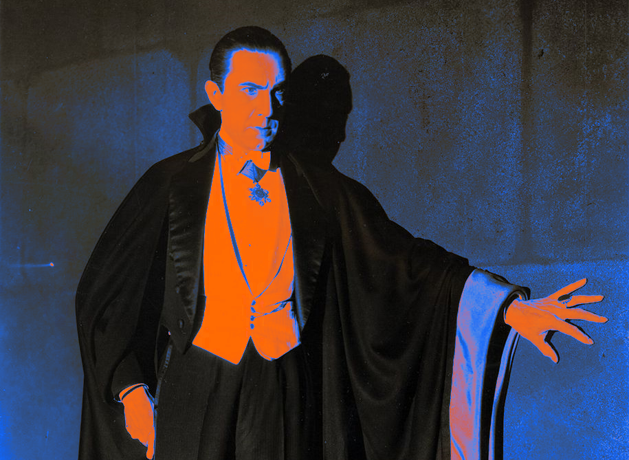 Bela Lugosi as Dracula, but tinted blue and orange to make him look cyberpunk