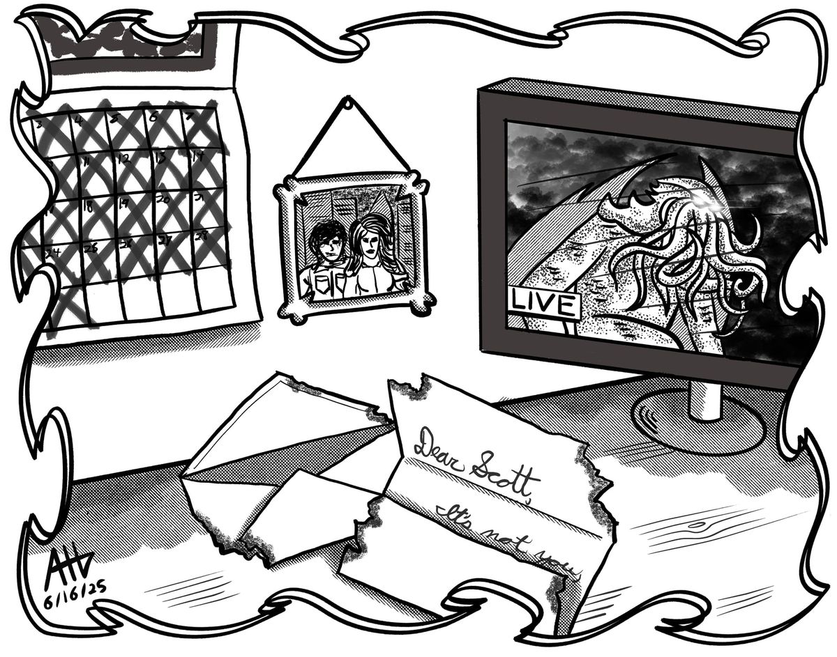 A view of a desk with a breakup letter, a picture of a couple and an eldritch entity on TV.