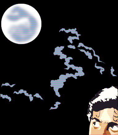 Stylized image of a man glancing at a full moon
