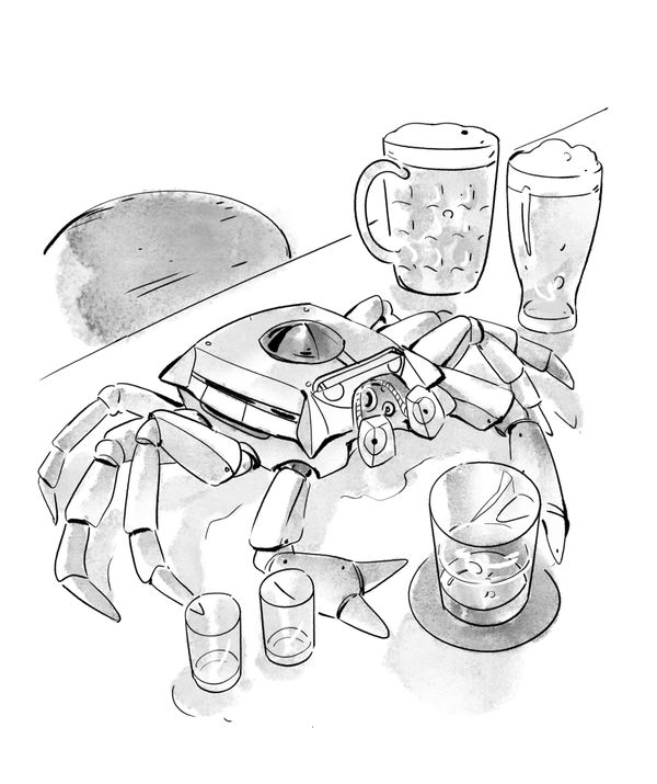 The 8-legged AI robot sitting on the bar counter, surrounded by some glasses and mugs.