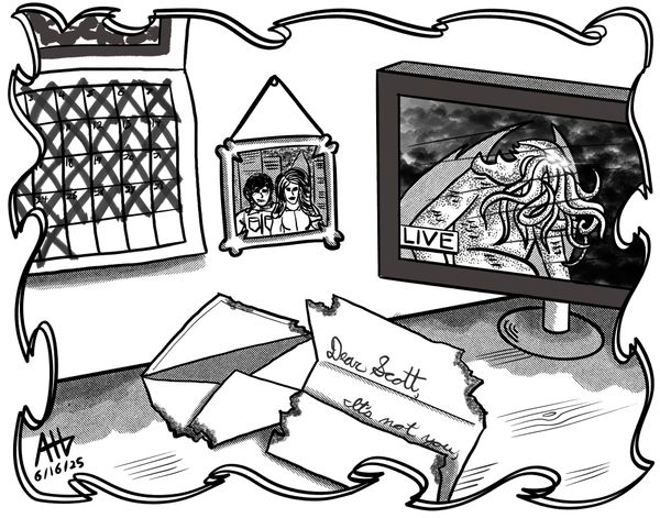 A view of a desk with a breakup letter, a picture of a couple and an eldritch entity on TV.