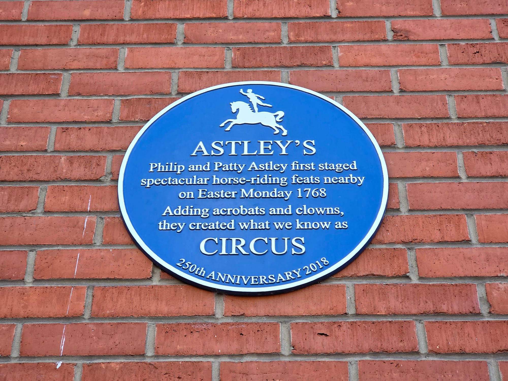 Blue plaque in Lambeth marking the site where Newcastle-under-Lyme-born Philip Astley staged what is recognised as the world’s first modern circus in 1768