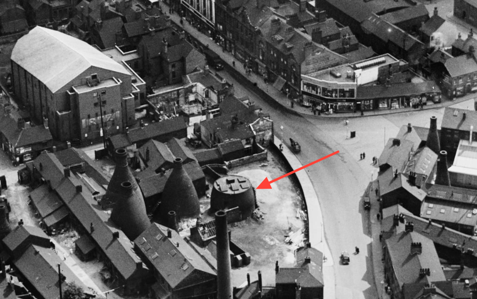 The bottle oven that became a house in the 1920s from above, Swan Works, Tunstall