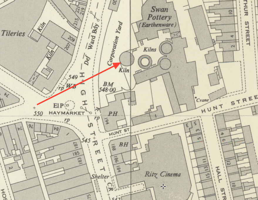 OS map showing the bottle oven that became a house, Swan Works, Tunstall