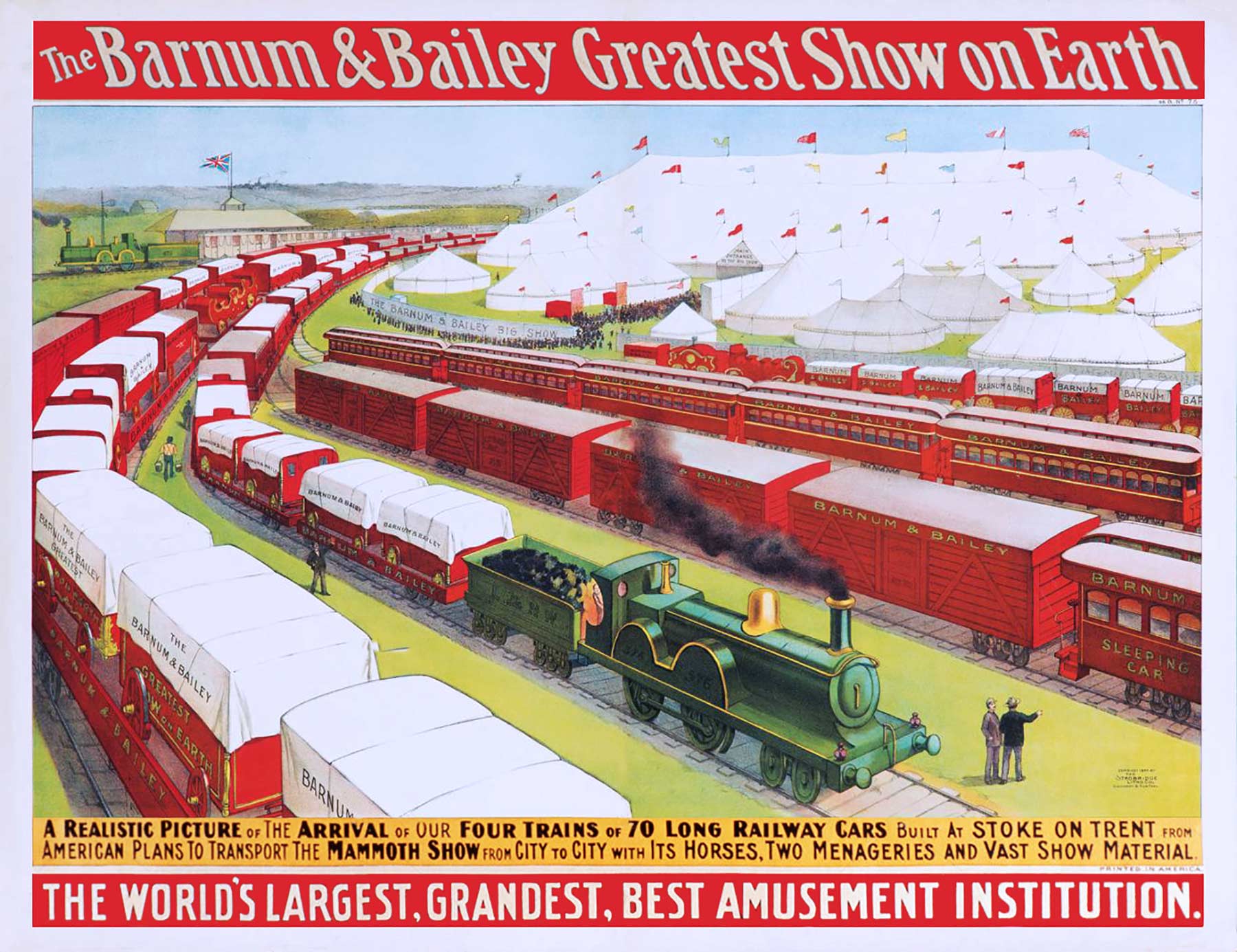 Barnum and Bailey poster showing circus trains built at Stoke-on-Trent