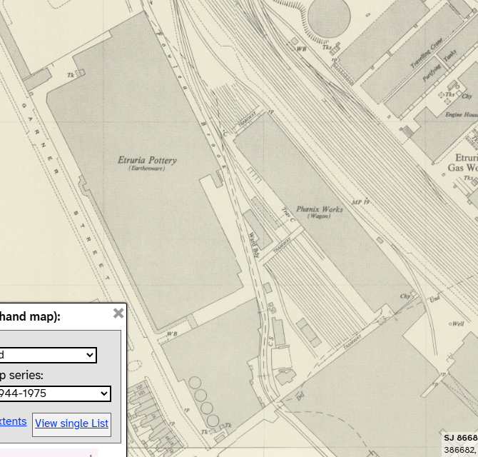 Ordnance Survey map showing the Phoenix Works wagon works beside Etruria Pottery on Garner Street, Stoke-on-Trent