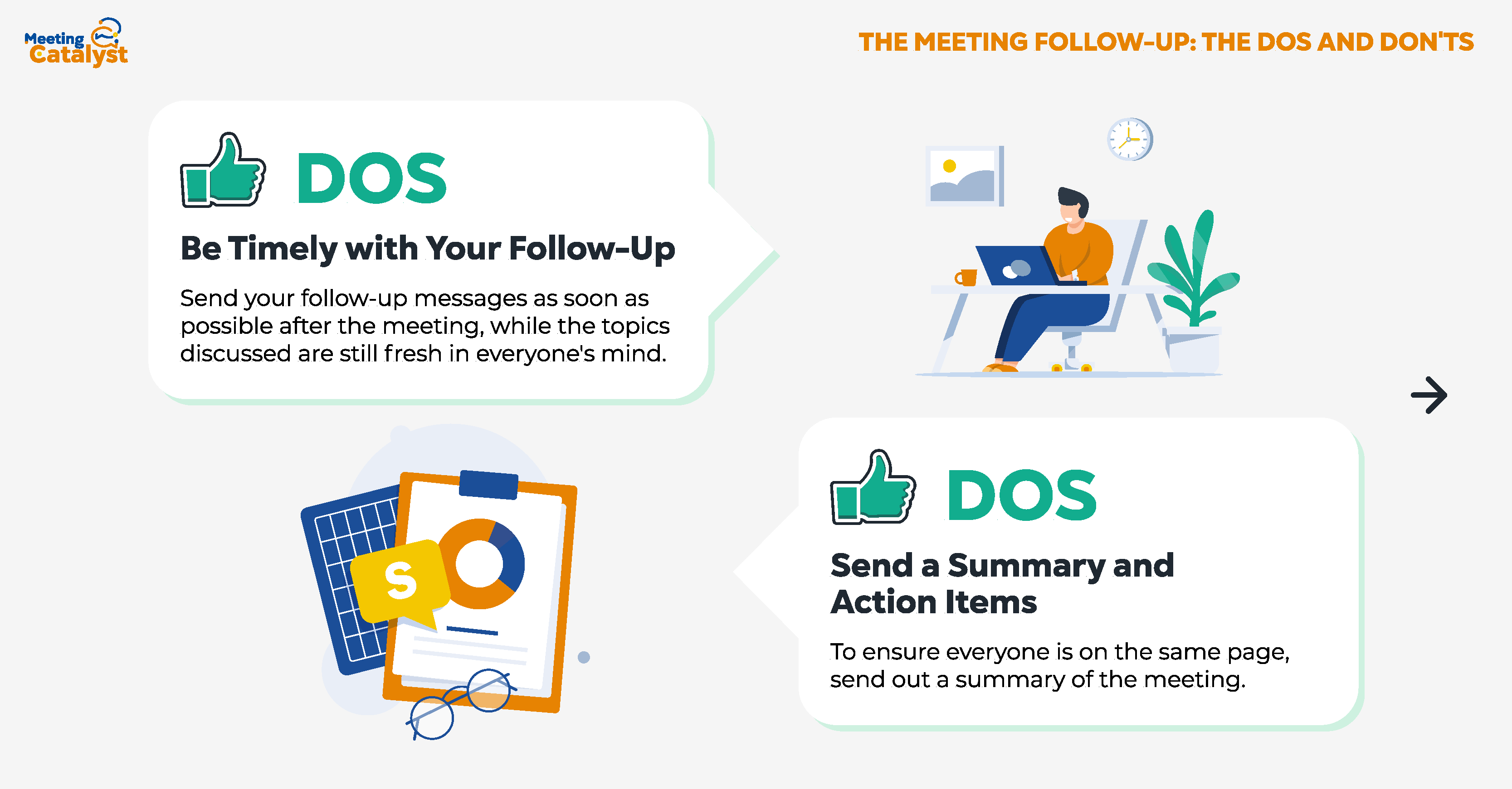 Two boxes with a thumbs up indicating what should be done for meeting follow-ups