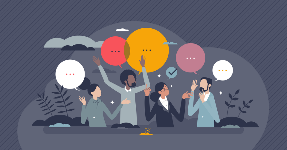 Graphic image of four people having a dialogue with spech bubbles above their heads.