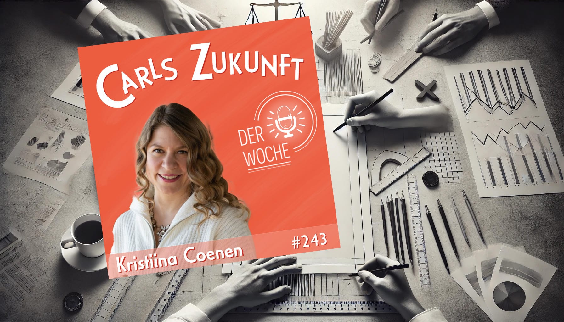 Podcast-Cover mit Kristina Coenen, Titel: Carls Zukunft der Woche, Episode #243, kreative Gestaltung