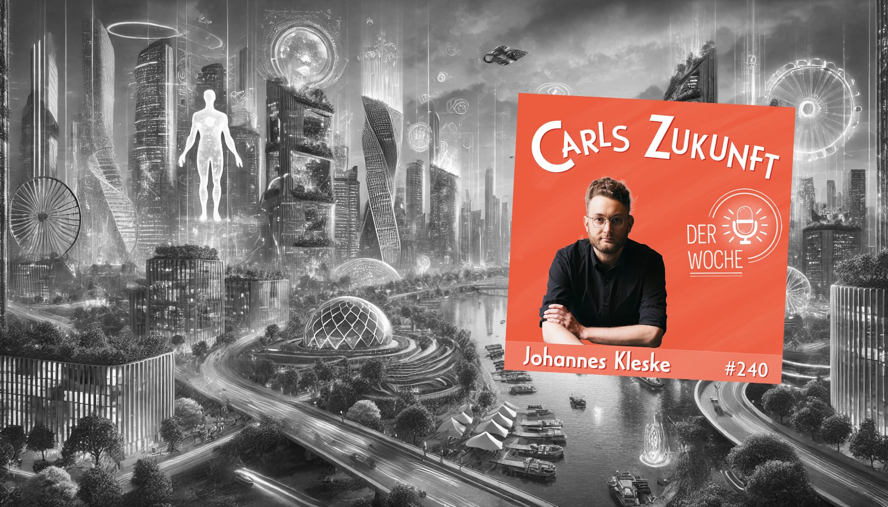 Das Podcast-Cover der Folge mit Johannes Kleske vor einer bunten, unübersichtlichen Zukunftswelt