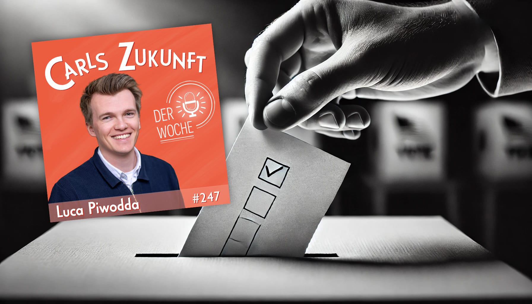Cover des Podcasts mit Luca Piwodda vor einer Wahlurne