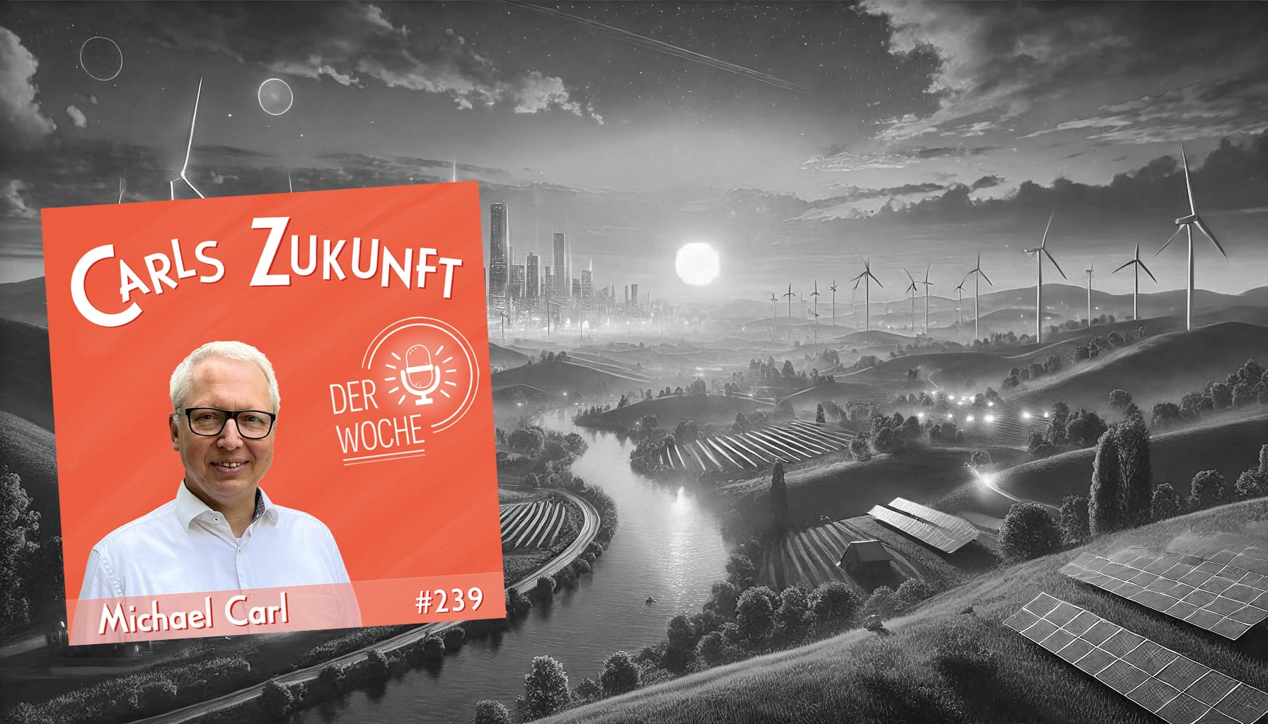 Podcast-Cover mit Michael Carl montiert vor einem Flusstal bei Sonnenaufgang. Im Hintergrund die Skyline einer Großstadt.