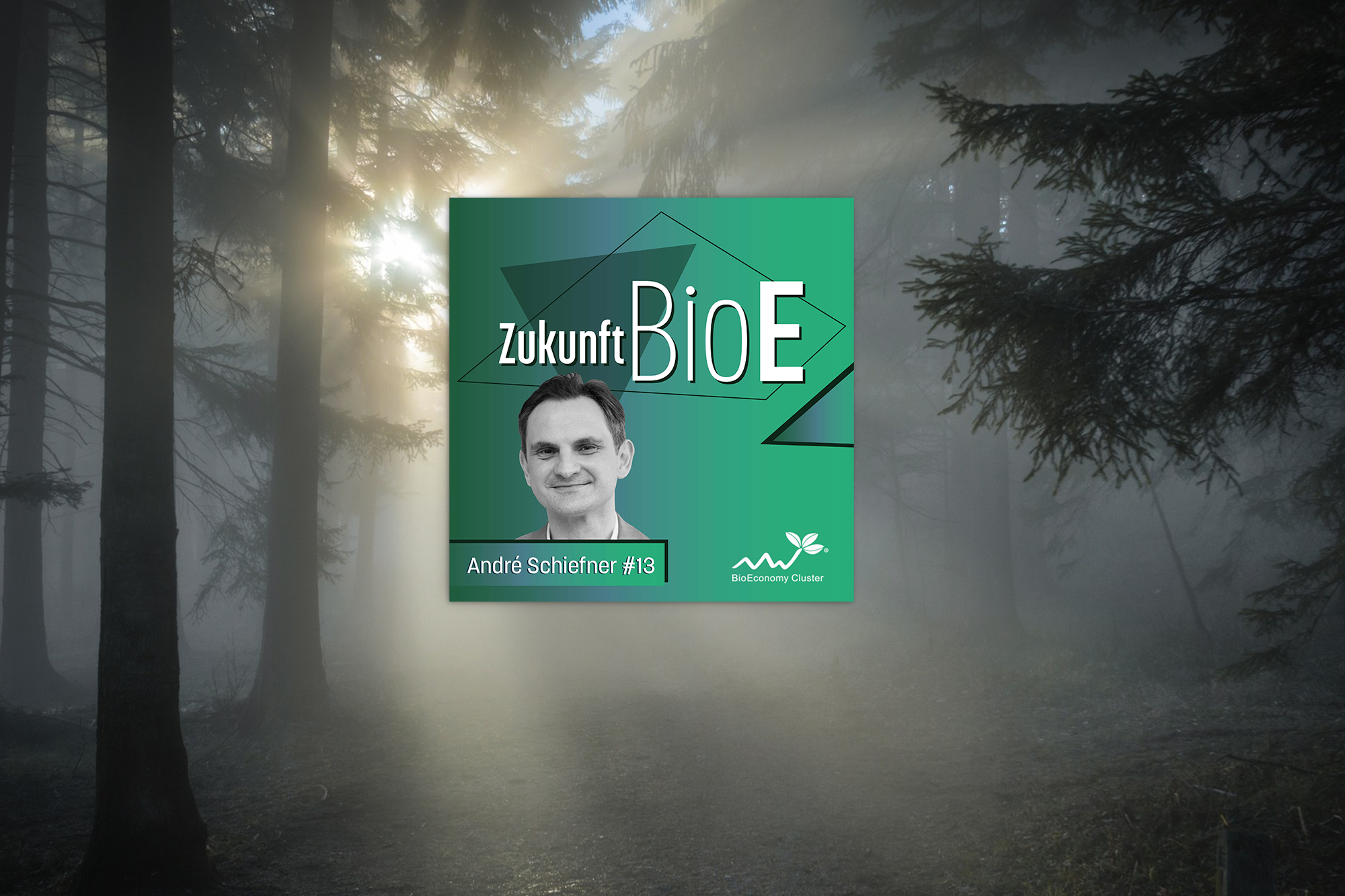 "Zukunft BioE" Podcast #13 mit André Schiefner. Grünes Cover mit seinem Porträt, BioEconomy Cluster-Logo, Waldhintergrund.