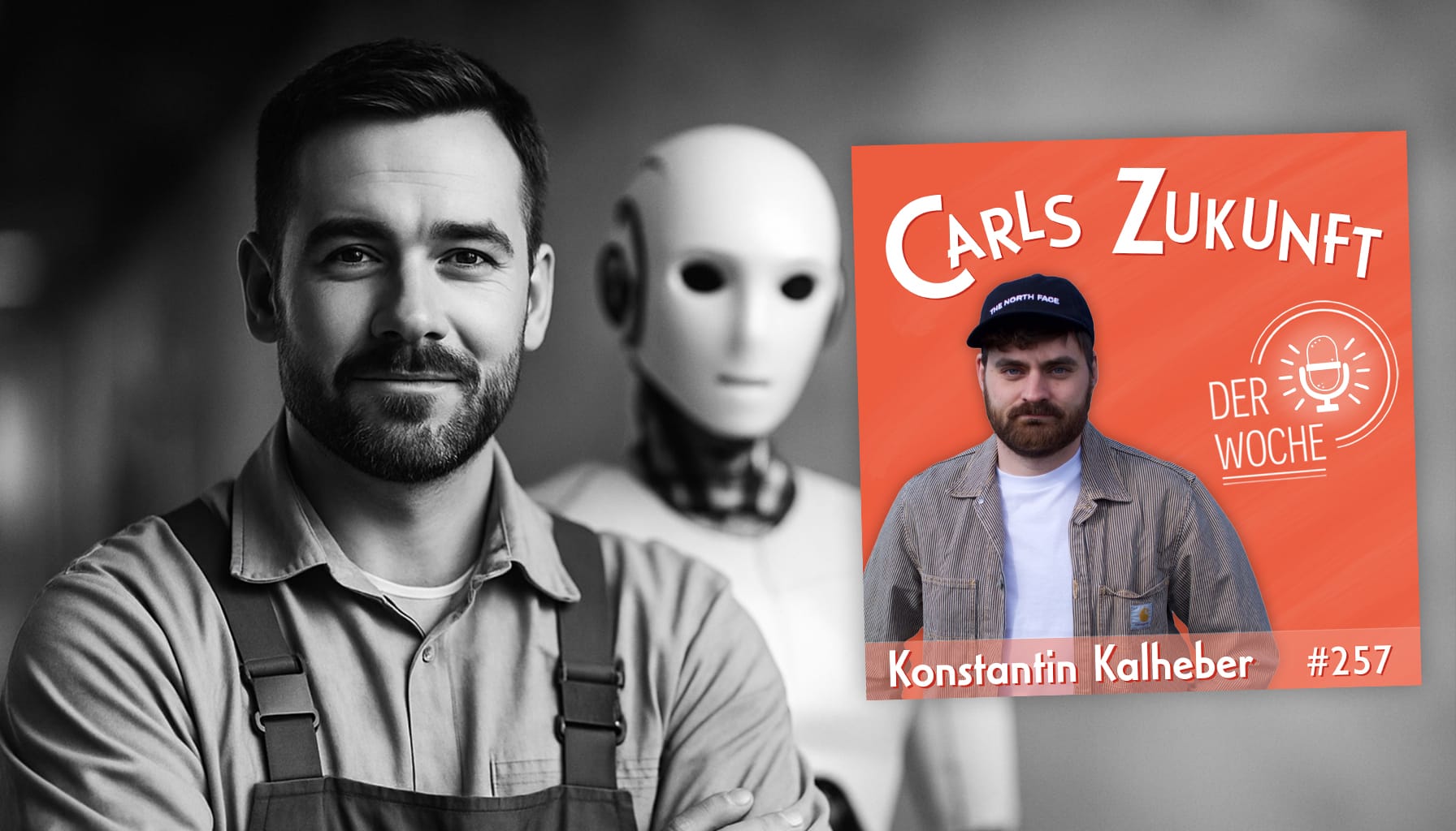Podcast-Cover „Carls Zukunft der Woche“ mit Konstantin Kalheber (#257), im Hintergrund Mensch und Roboter in Werkstatt.