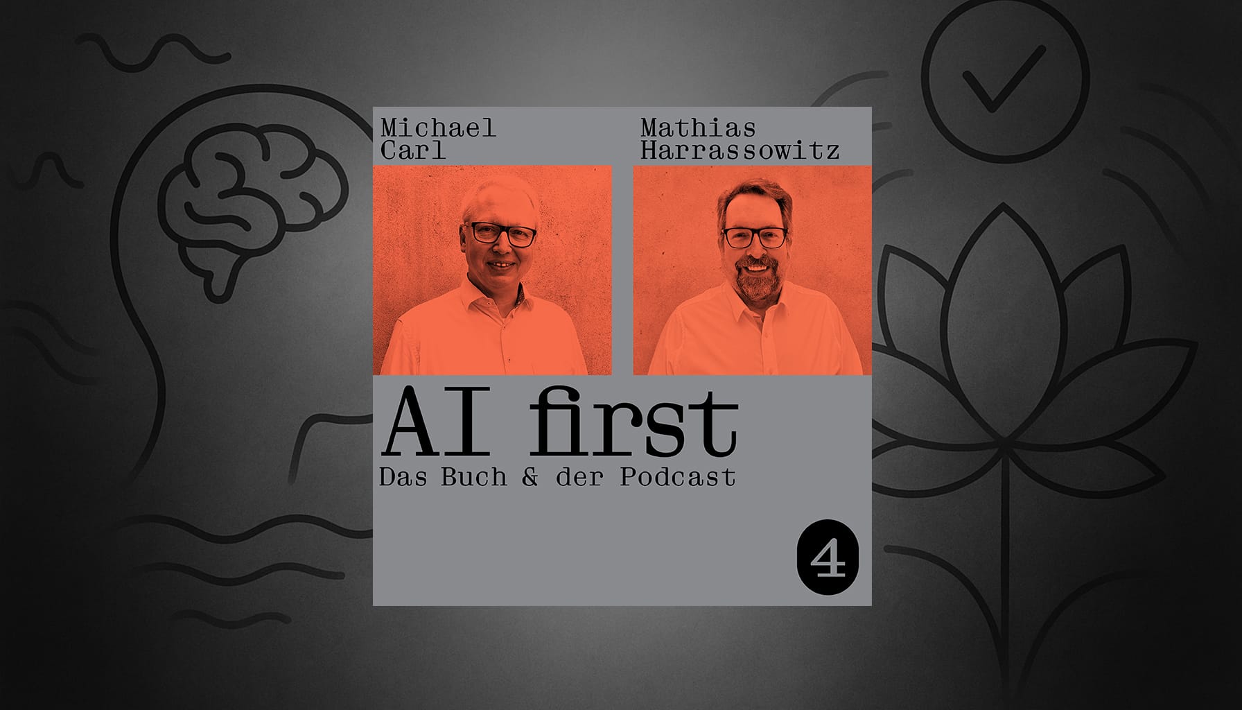 Podcastcover „AI first“ mit Michael Carl & Mathias Harrassowitz vor Symbolen für Achtsamkeit und Gehirn.