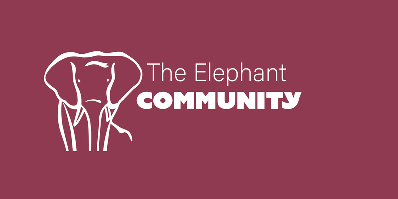 Ein weißer Elefant auf rotem Grund, daneben der Text: The Elephant Community