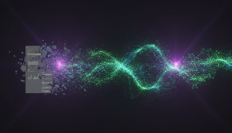 Abstract visualization of traditional software interfaces transforming into flowing AI agent code streams in cyber green and electric blue