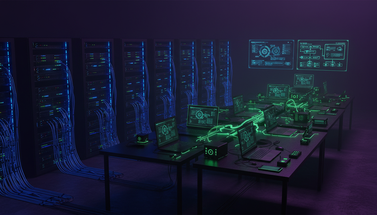 Digital hourglass showing AI compute flowing from centralized cloud to distributed edge devices