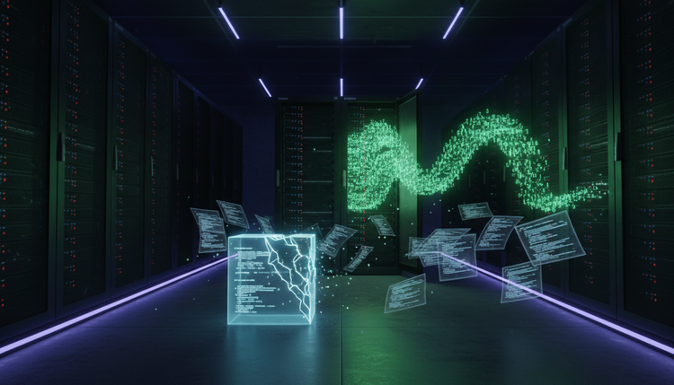 Server room with glowing code leaking from an open cabinet and npm package, representing the Anthropic Claude Code source leak