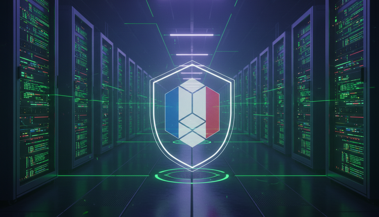 Server room with Linux terminals and digital shield representing France's digital sovereignty initiative