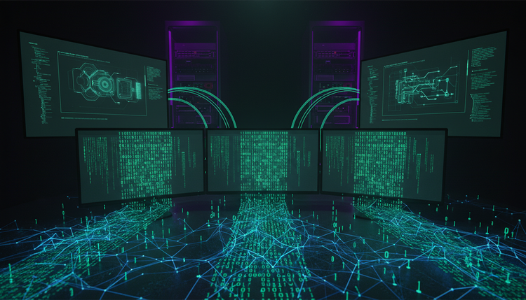 Dark cybersecurity command center showing AI neural networks merging with exploit code on multiple monitors