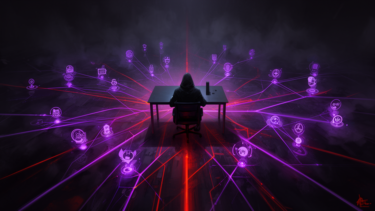 Digital illustration of interconnected corporate buildings with glowing network lines representing supply chain cyber attacks