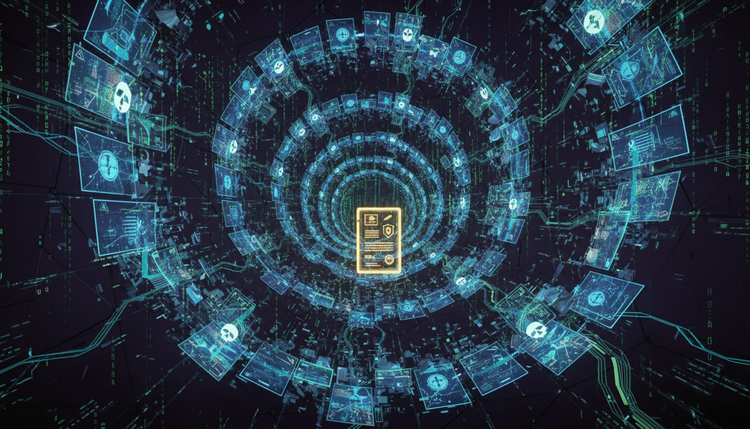 Digital hall of mirrors showing recursive reflections of cybersecurity warnings becoming increasingly distorted