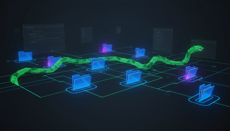 Abstract digital illustration of a glowing worm-like entity spreading through a network of interconnected code repository nodes, representing the Miasma supply chain attack