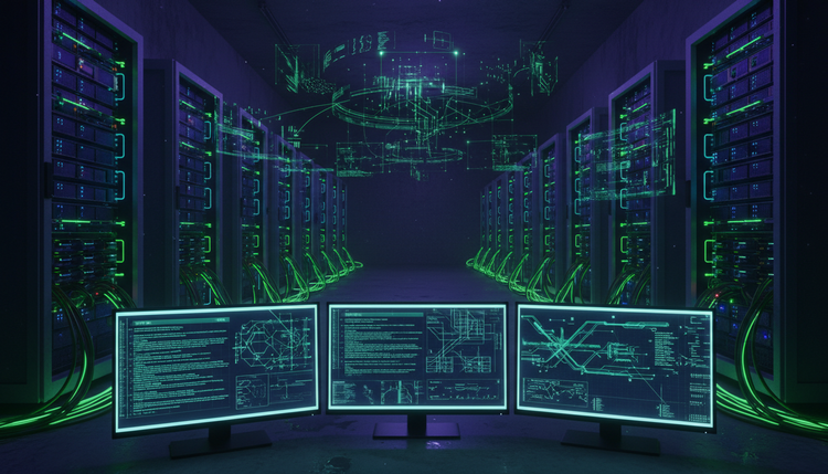 Dark server room with glowing computer hardware and AI visualizations representing underground cybercrime infrastructure