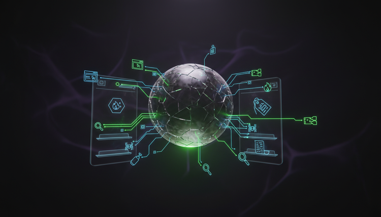 Shattered AI safety barrier revealing interconnected offensive security tools glowing in cyber green and blue, symbolising the commercialisation of jailbroken AI