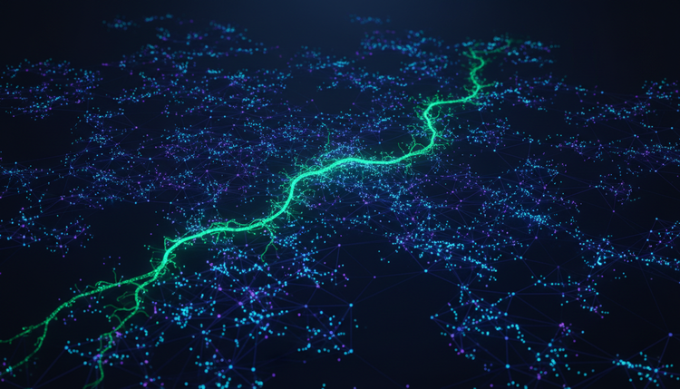 Abstract visualisation of an autonomous AI agent rapidly spreading through a cloud infrastructure network rendered in dark tones with cyber green and electric blue accents
