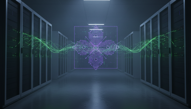 Dark data centre corridor with glowing server racks and a holographic quantum circuit pattern, symbolising the post-quantum cryptography transition