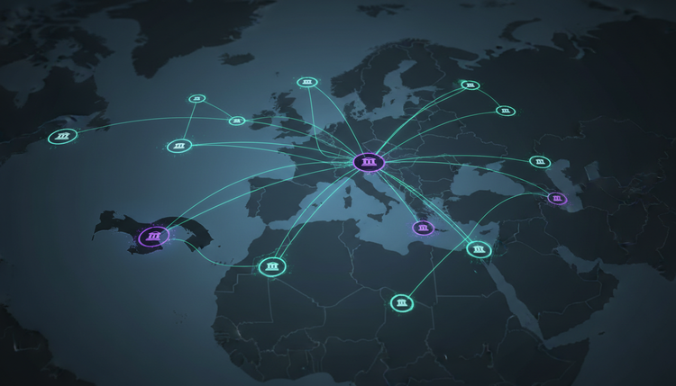 Abstract digital network map showing interconnected financial nodes across Europe and Panama, representing a dismantled cyber fraud infrastructure