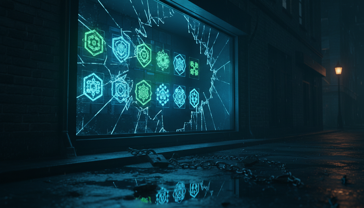 A dark neon-lit digital storefront with broken chains and AI model icons displayed as products behind cracked glass, symbolising jailbroken AI access