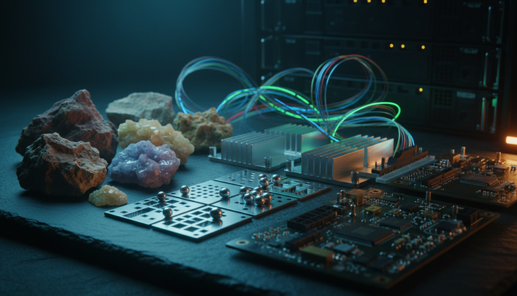 Raw rare earth minerals alongside fibre optic cables and server components, illustrating the critical link between mineral supply chains and datacenter infrastructure