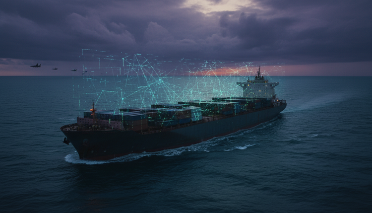 A cargo ship at sea beneath a glitching holographic AI neural network overlay, with military aircraft silhouettes in the distant sky