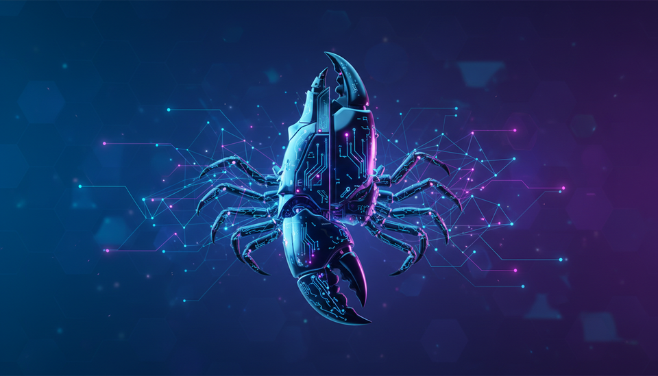 AI-generated illustration of a futuristic robotic lobster claw with digital circuit patterns, representing Clawdbot and Molt AI agents